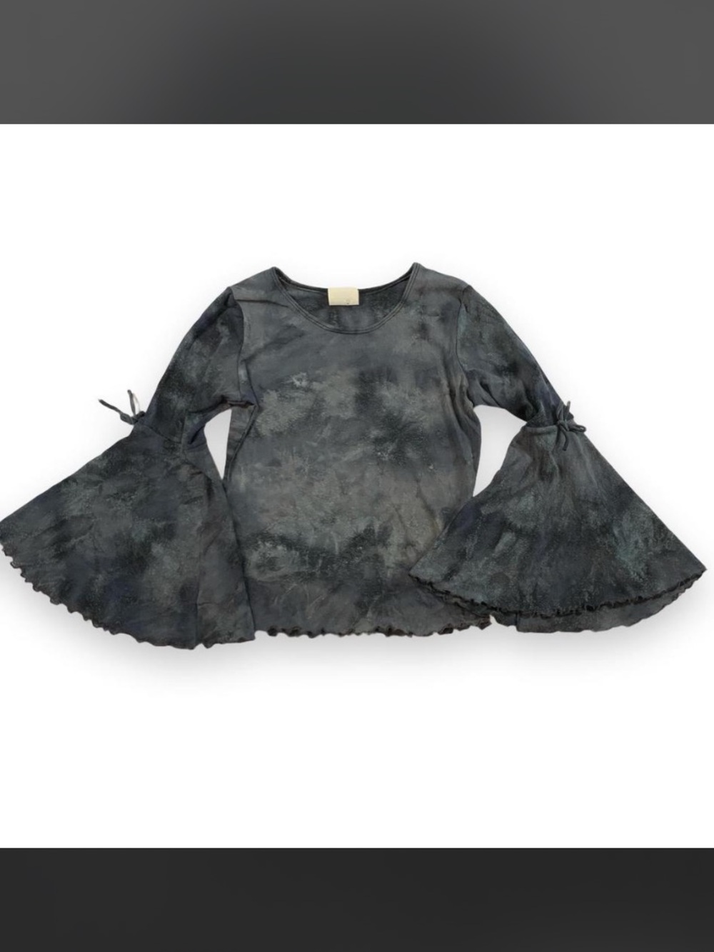 Vintage Y2K Tie Dye Top XS Grey Flare Bell Sleeve Lettuce Hem Boho 90s Grunge
